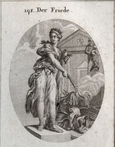 Allegori om fred. Hun bærer en krans av oliventrær og holder en kølle mens hun brenner en trofee med våpen med en fakkel. Bak den betyr statuen av Plutus at overflod og rikdom er dens fordeler. Gravering i "" Iconologie oder Ideen aus dem Gebiete av Austrian School