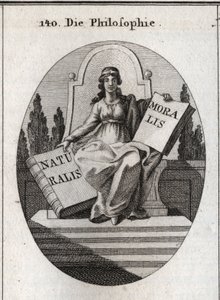 Allegory of philosophy sitting on a marble trone above several steps. She has a golden diademe on the forehead and holds two open books “” Naturalis”” (Nature) and “” Moralis”” (Morale) Engraving in “” Iconologie oder Ideen aus dem Gebiete der Leidenschaft av Austrian School