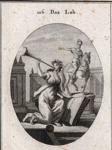 Allegory of praise holding a book to show that it passes posterite through the help of scriptures. It sounds a trumpet from which the glare of rename comes out. The equestrian statue is there for the praise of heros. Engraving in “” Iconologie oder Ideen a av Austrian School