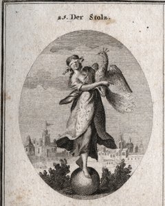 Allegori om stolthet representert av en ung jente med bind for øynene plassert på et ballemblem av hennes lille soliditt. Påfuglen symboliserer den fantastiske ånden. De rike klærne dekker de fattige klærne hennes for å vise utendørs. Gravering i "" Iconol av Austrian School