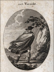 Allegory of providence. Expression: When the weather is nice, take your coat, when it rains, take it, if you want. Engraving in “” Iconologie oder Ideen aus dem Gebiete der Leidenschaften und Allegorien bildich dargestellt fur Zeichner, Mahler, Dichter, Ge av Austrian School