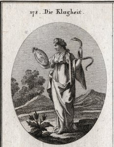 Allegori om forsiktighet, dens vanlige attributter er speilet og slangen. Hun har to ansikter, et ungt menneske for forventning om fremtiden og et gammelt for å ta hensyn til fortiden. Gravering i "" Iconologie oder Ideen aus dem Gebiete der Lei av Austrian School