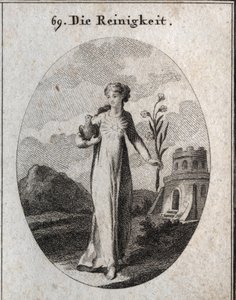 Allegory of purete. His attributes are the dove and the lily, symbols of candor. Engraving in “” Iconologie oder Ideen aus dem Gebiete der Leidenschaften und Allegorien bildich dargestellt fur Zeichner, Mahler, Dichter, Gelehrte, Erzieher und freunde Hoher av Austrian School