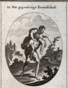 Allegori om gjensidig vennskap. En blind mann blir vist veien med stemmen til en lemlest mann på skuldrene hans. Gravering i "" ikonologi eller ideer fra feltet lidenskaper og allegorier avbildet for tegnere, malere, poeter, lærde av Austrian School