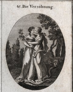 Allegory of reconciliation characterised by two women who kiss each other. One holds an olive branch, symbol of peace, and the other crowd under its feet a snake with human faces, emblem of fraud and mechancete. Engraving in “” Iconologie oder Ideen aus de av Austrian School