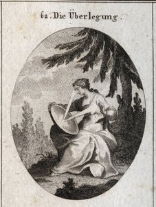 Allegory of reflection. A ray of light starts from his heart strikes the mirror on his knees and reflects the light on his forehead. Engraving in “” Iconologie oder Ideen aus dem Gebiete der Leidenschaften und Allegorien bildich dargestellt fur Zeichner, M av Austrian School