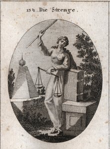 Allegory of rigor represents under a ferocity aspect holding with the right hand a rod of high iron and relying from the left on the book of laws. It has in the same hand a balance, one of which prevails over the other. Engraving in “” Iconologie oder Idee av Austrian School