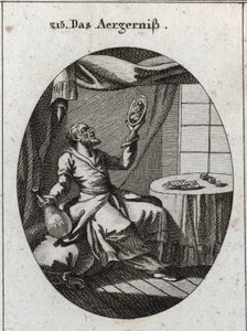 Allegory of scandal. He holds with one hand a bottle and on the other a portrait of a young woman and near a table on which are playing cards and games. Engraving in “” Iconologie oder Ideen aus dem Gebiete der Leidenschaften und Allegorien bildich dargest av Austrian School