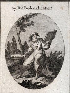 Allegory of scruples represented by an old man with a gold chain to which is attached a heart emblem of candor and good advice. He maintains a calendar that he carefully considers and a sieve that is the attribute of the distinction between good and evil.  av Austrian School