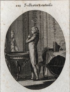 Allegory of self-knowledge. A young man faces a mirror. Engraving in “” Iconologie oder Ideen aus dem Gebiete der Leidenschaften und Allegorien bildich dargestellt fur Zeichner, Mahler, Dichter, Gelehrte, Erzieher und freunde Hoherer Geschmacksbildung” (Ic av Austrian School