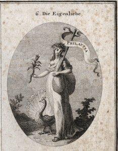 Allegori om egenkjærlighet representert som en ung kvinne som lukker en pose som symboliserer sine feil med en baguette som den greske oversettelsen "" Philautia"" er innskrevet på. Egenskaper: påfuglen som lager hjulet og narcissusblomsten. Gravering i "" av Austrian School