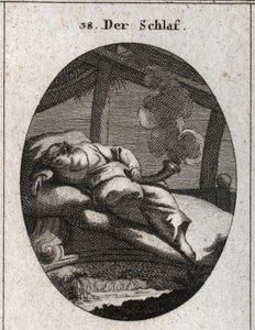 Allegory of sleeping on a bed of ebene near which a stream flows. He holds a black and polished cone from where comes a steam that means dreams. Engraving in “” Iconologie oder Ideen aus dem Gebiete der Leidenschaften und Allegorien bildich dargestellt fur av Austrian School