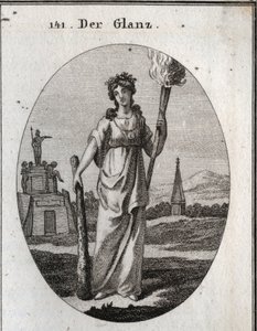 Allegory of splendor. The club on which it relies is the symbol of virtues. The chain and the gold medal are the reward. The light torch is light to beautiful deeds. Engraving in “” Iconologie oder Ideen aus dem Gebiete der Leidenschaften und Allegorien bi av Austrian School