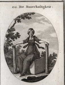 Allegory of stability sitting on a marble cube with two piles plumb plants in the earth. Engraving in “” Iconologie oder Ideen aus dem Gebiete der Leidenschaften und Allegorien bildich dargestellt fur Zeichner, Mahler, Dichter, Gelehrte, Erzieher und freun av Austrian School