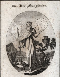 Allegori om overtro. Hun holder et stearinlys og en sirkel av stjerner som omgir tegnene til de syv planetene som hun anser for å være engstelige. Dens attributter er uglen og kråken. Gravering i "" Iconologie oder Ideen aus dem Gebiete der Lei av Austrian School
