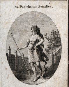 Allegory of the Copper Age representerer som en vaktpost nær et gjerde i en stolt holdningsvåpen av et korselett og et spyd og hette av en løveskinn. Gravering i "" ikonologi eller ideer fra feltet lidenskaper og allegorier billedlig avbildet fu av Austrian School