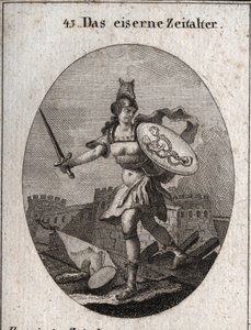 Allegory of the Iron Age that is characterized by violence, bad faith and treason. Of feroce appearance, she is armed with a helmet in the head of a wolf, holds a sword and a shield where fraud and vice are represented (siren and snake with human faces). E av Austrian School
