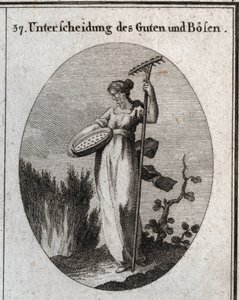 Allegory of the distinction between good and bad. The sieve separates the good grain from the chaff and the rake is used to remove weeds. Engraving in “” Iconologie oder Ideen aus dem Gebiete der Leidenschaften und Allegorien bildich dargestellt fur Zeichn av Austrian School