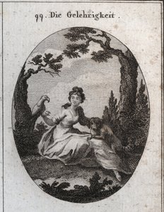 Allegory of the docilite. His attributes are the parakeet and the little dog because of their obedience and desire to please. Engraving in “” Iconologie oder Ideen aus dem Gebiete der Leidenschaften und Allegorien bildich dargestellt fur Zeichner, Mahler,  av Austrian School