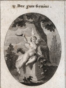 Allegori om den gunstige ånden under figuren til en barnevinge med en liten flamme på hodet, sittende på et alter i skyggen av et platantre. Overflodens horn betyr at det fyller mennesker og hans tjenester. Faren er et symbol på religiøse følelser. E av Austrian School