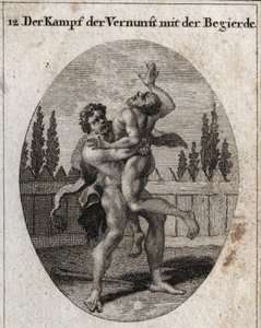 Allegori om kampen mellom fornuft og appetitt. Den jordiske og kjødelige appetitten er skildret av Ante og Hercules (Herakles) symboliserer fornuft, styrke og mot som tar bort og kveler Ante. Gravering i "" Iconologie oder Ideen aus dem Gebiete der Le av Austrian School