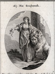 Allegory of the generosite bearing a golden crown on the head and chest uncovered, designating the nobility of feelings and sincerite of the heart. She presents jewels and gold in one hand and the other rests on a lion lying peacefully at her feet. Engravi av Austrian School