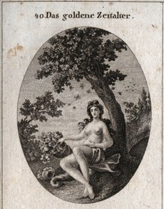 Allegory of the golden age represents with a horn of abundance of fruit, sitting beside an olive tree symbol of peace in the midst of which is a swarm of bees. Engraving in “” Iconologie oder Ideen aus dem Gebiete der Leidenschaften und Allegorien bildich  av Austrian School