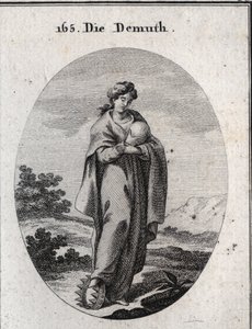 Allegori om ydmykheten. Under foten hans, en krone av gull beriket med edelstener. Hun dedain vurderer en ball som representerer jorden som hun savner storheten. Gravering i "" Iconologie oder Ideen aus dem Gebiete der Leidenschaften und Alleg av Austrian School