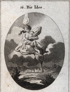 Allegory of the idea represented with a flame on the head and a gold circle on the forehead, nursing a child. Engraving in “” Iconologie oder Ideen aus dem Gebiete der Leidenschaften und Allegorien bildich dargestellt fur Zeichner, Mahler, Dichter, Gelehrt av Austrian School