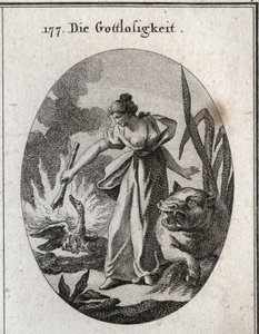 Allegory of the impiete holding a torch from which she burns a pelican in her nest with her young. His attribute is the hippo. Engraving in “” Iconologie oder Ideen aus dem Gebiete der Leidenschaften und Allegorien bildich dargestellt fur Zeichner, Mahler, av Austrian School