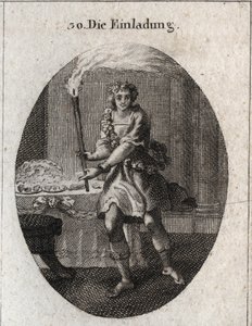 Allegory of the invitation as a young man with a laughing face inviting to a table covered with dishes. The torch he holds is the attribute of Comus, god of feasts and night parties. Engraving in “” Iconologie oder Ideen aus dem Gebiete der Leidenschaften  av Austrian School