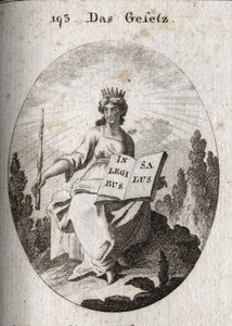 Allegori av loven. Hans strålende diademe markerer hans guddommelige opphav. Septeret angir dens autoritet og boken er åpen eller påskrevet "" In Legibus Salus"" betyr at den lover en belønning til de som adlyder den. Gravering i "" Iconologie oder Ideen a av Austrian School
