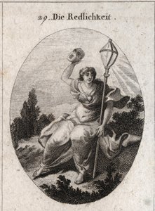 Allegori om loyauten (eller oppriktig) som kaster en maske som er egenskapen til finte og løgn. Emblemet er et kristent lyktsymbol på lynet. Et hjerte er tegnet på brystet hans. Gravering i "" Iconologie oder Ideen aus dem Gebiete der Leidenschaften av Austrian School