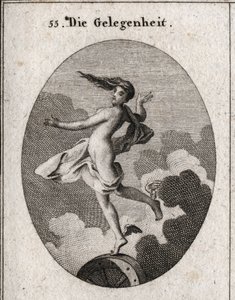 Allegory of the occasion. With wings on the feet and hair forward, it rests slightly on a wheel. Engraving in “” Iconologie oder Ideen aus dem Gebiete der Leidenschaften und Allegorien bildich dargestellt fur Zeichner, Mahler, Dichter, Gelehrte, Erzieher u av Austrian School