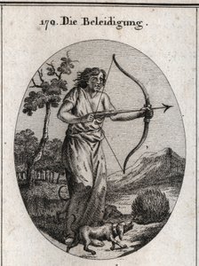 Allegory of the offence in the process of decoding an arrow and whose clothing is filled with tongues and knives. Attack by dogs the herisson that throws his darts means the compulsion to repel the offense by offense. Engraving in “” Iconologie oder Ideen  av Austrian School