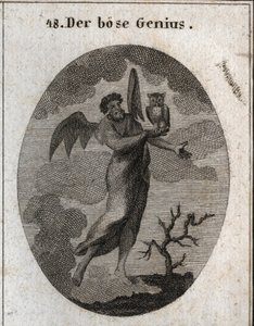 Allegory of the opposite genie represented by a bad genie with bat wings (bat) and holds an owl, bird of bad pressing. Engraving in “” Iconologie oder Ideen aus dem Gebiete der Leidenschaften und Allegorien bildich dargestellt fur Zeichner, Mahler, Dichter av Austrian School