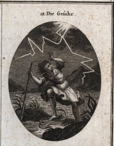 Allegori om faren representert av en ung mann som rømmer fra en rask strøm ved å sette foten på en slange som stikker ham og samtidig slo en torden bak ham. Gravering i "" Iconologie oder Ideen aus dem Gebiete der Leidenschaften und Allego av Austrian School