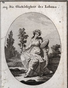 Allegory of the prosperity of life. richly clothed and crowned with grapes and attributes of wealth and abundance. The oak branch filled with leaves and fruit means health but also solidify and incorruptibilite. Engraving in “” Iconologie oder Ideen aus de av Austrian School