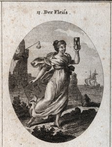 Allegory of the represented diligence walking fast. Its attributes are the sand clock (hourglass) and the spur symbol of activity and accuracy. Engraving in “” Iconologie oder Ideen aus dem Gebiete der Leidenschaften und Allegorien bildich dargestellt fur  av Austrian School