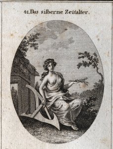 Allegori av sølvalderen med et håndtak av epis for å dyrke jorden og tre for å lage hytter. Gravering i "ikonologi eller ideer fra feltet av lidenskaper og allegorier avbildet for tegnere, malere, poeter, lærde og lærere av Austrian School