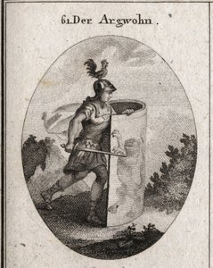 Allegory of the suspicion cuts behind a shield on which stands a lion, symbol of the suspicion according to aristotle, and a rooster on the helmet that represents vigilance. Engraving in “” Iconologie oder Ideen aus dem Gebiete der Leidenschaften und Alleg av Austrian School