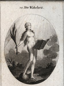 Allegori om sannheten representert naken uten kunstgrep og naturlige blikk på solens lys. Håndflaten symboliserer svindelens triumf og boken representerer studie. Gravering i "" Iconologie oder Ideen aus dem Gebiete der Leidenschaften und Allegor av Austrian School