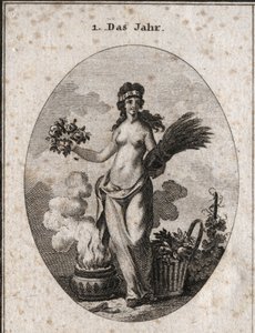 Årets allegori omgitt av symboler fra de fire årstidene (blomsterkrans for våren, hvetekrans for sommeren, grunnkurv for høsten og ildvase for vinteren). Året er halvt disdressed i referanse til grader av varme og kulde med av Austrian School