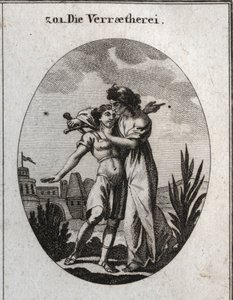 Allegory of treason. An awful old woman caresses a handsome young man and at the same time prepares to stab him. Engraving in “” Iconologie oder Ideen aus dem Gebiete der Leidenschaften und Allegorien bildich dargestellt fur Zeichner, Mahler, Dichter, Gele av Austrian School