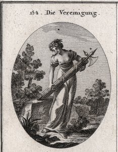 Allegori om forening. kronet med oliventre symbol på fred, og glede som representerer allegress. Det flyter på en haug med tett bundne pinner uten å bøye bildet av styrke og forening. Gravering i "" Iconologie oder Ideen aus dem Gebiete der Leidenschaf av Austrian School