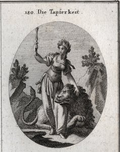 Allegory of value, crowned with laurel, she caresses a lion tame by her. The high scepter means that her courage makes her worthy of command. Engraving in “” Iconologie oder Ideen aus dem Gebiete der Leidenschaften und Allegorien bildich dargestellt fur Ze av Austrian School
