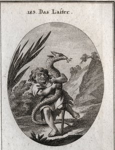 Allegori om last representert ved en dverg som klemmer en hydra. Gravering i "Ikonologi eller ideer i feltet av lidenskaper og allegorier avbildet for tegnere, malere, poeter, lærde, lærere og venner av høyere smak" av Austrian School