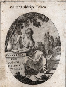 Allegori om arbeidslivet som sitter i skyggen av en vinranke. Hun er representert som forbereder seg til å spise i en dam og vugger med foten et barn. Pløyeinstrumenter er plassert ved siden av henne. Gravering i "" Iconologie oder Ideen aus dem Gebiete de av Austrian School