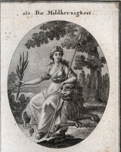 Clemence allegori. Hun er representert med et spyd og en olivengren for å indikere at hun har makt til å straffe, men også til å tilgi. Løven er egenskapen til generositt. Gravering i "" Iconologie oder Ideen aus dem Gebiete der Leidenschaften un av Austrian School