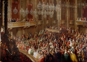 Konsert i Wien i nærvær av den keiserlige familien. Maleri av den østerrikske skolen på 1700-tallet. Schönbrunn slott av Austrian School